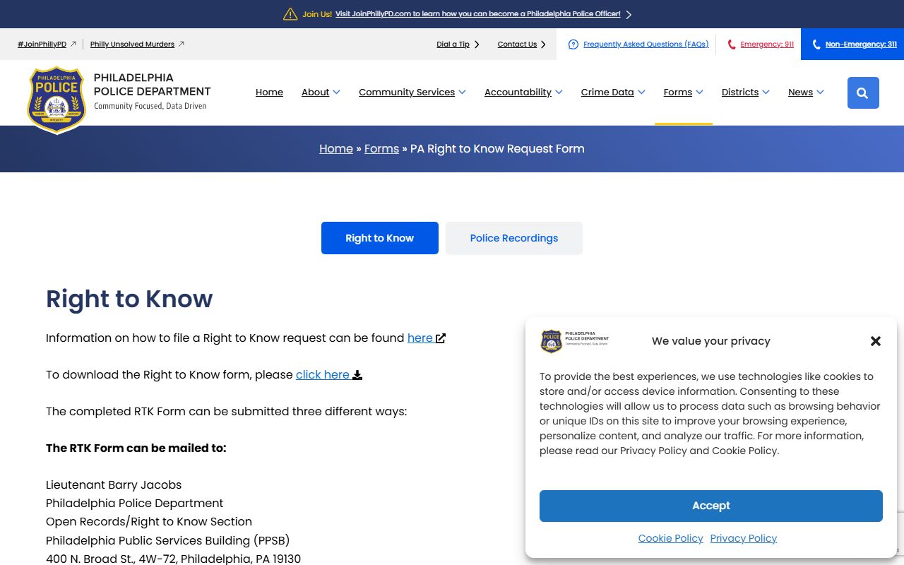Philadelphia Police Department Right-to-Know forms for Philadelphia criminal records