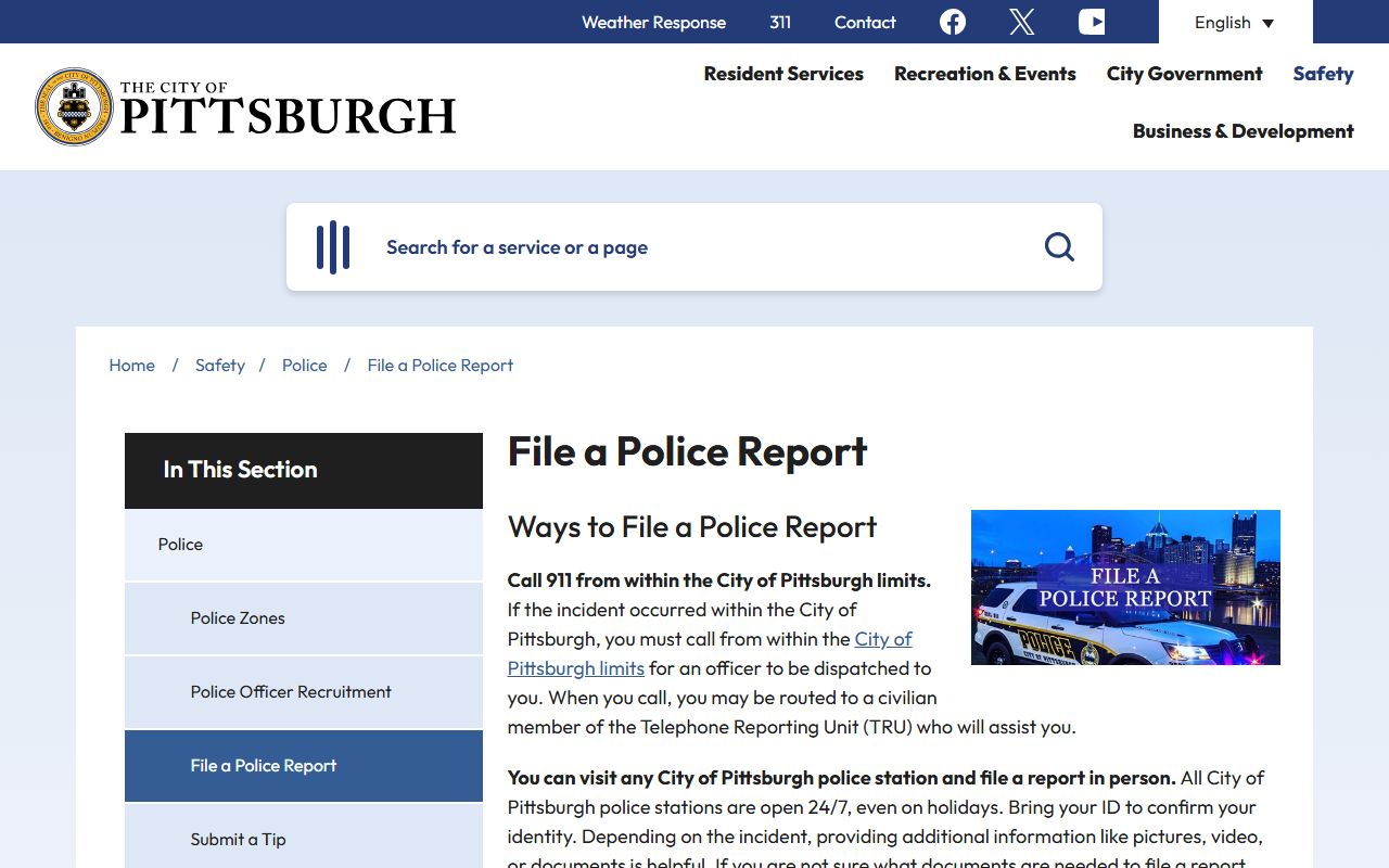 Pittsburgh police department police report request page Pittsburgh criminal records
