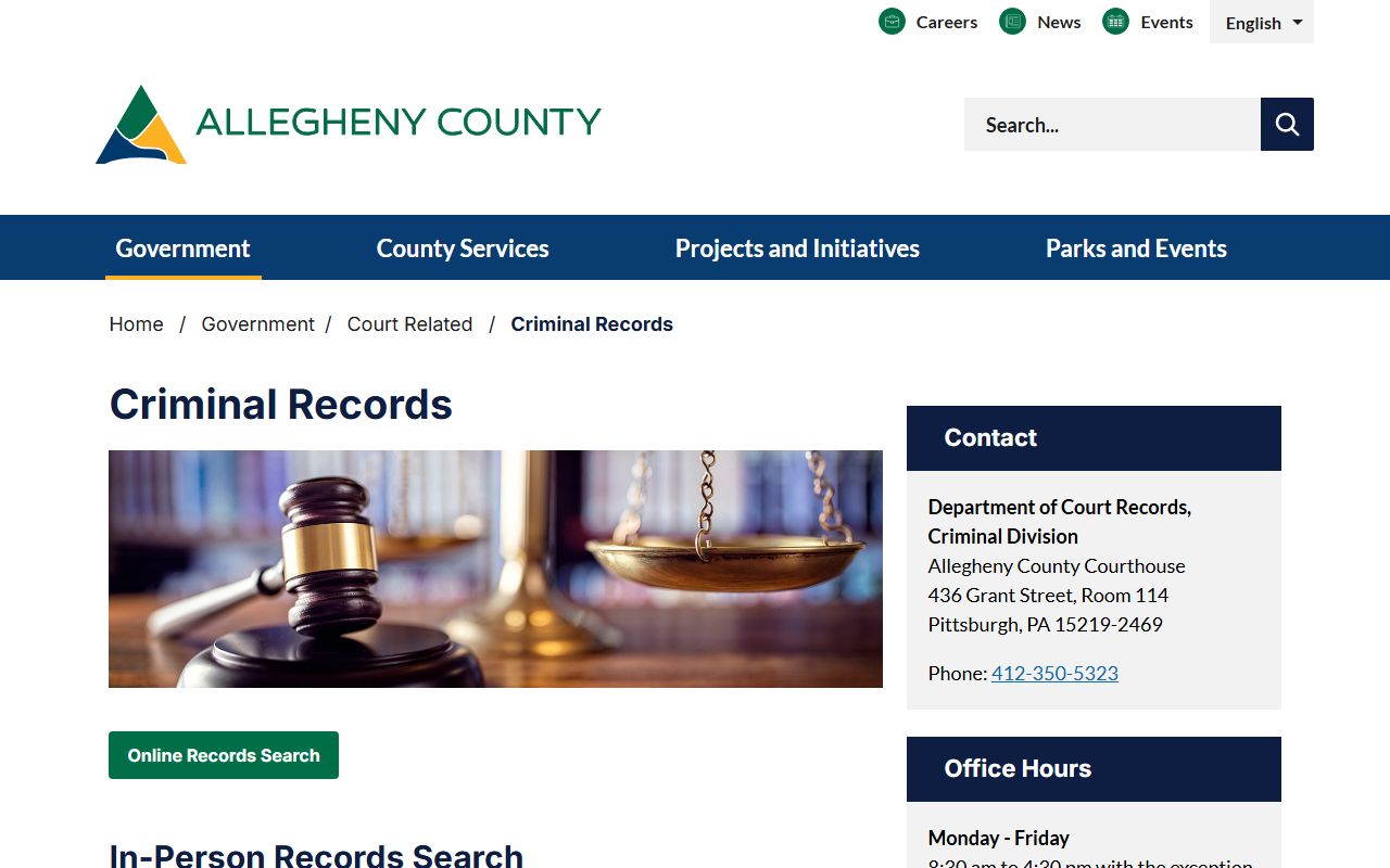 Allegheny County criminal records search page
