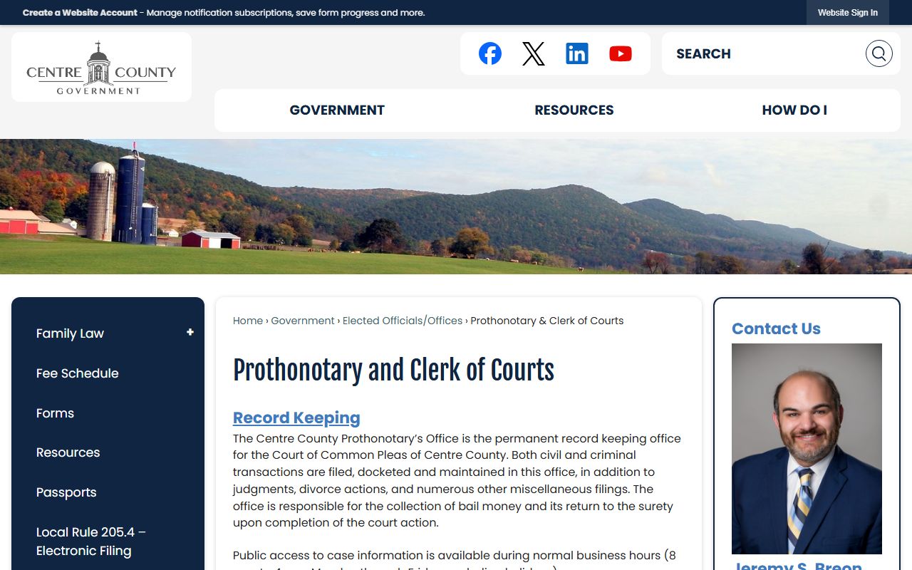 Centre County Prothonotary Clerk of Courts criminal records Bellefonte Pennsylvania