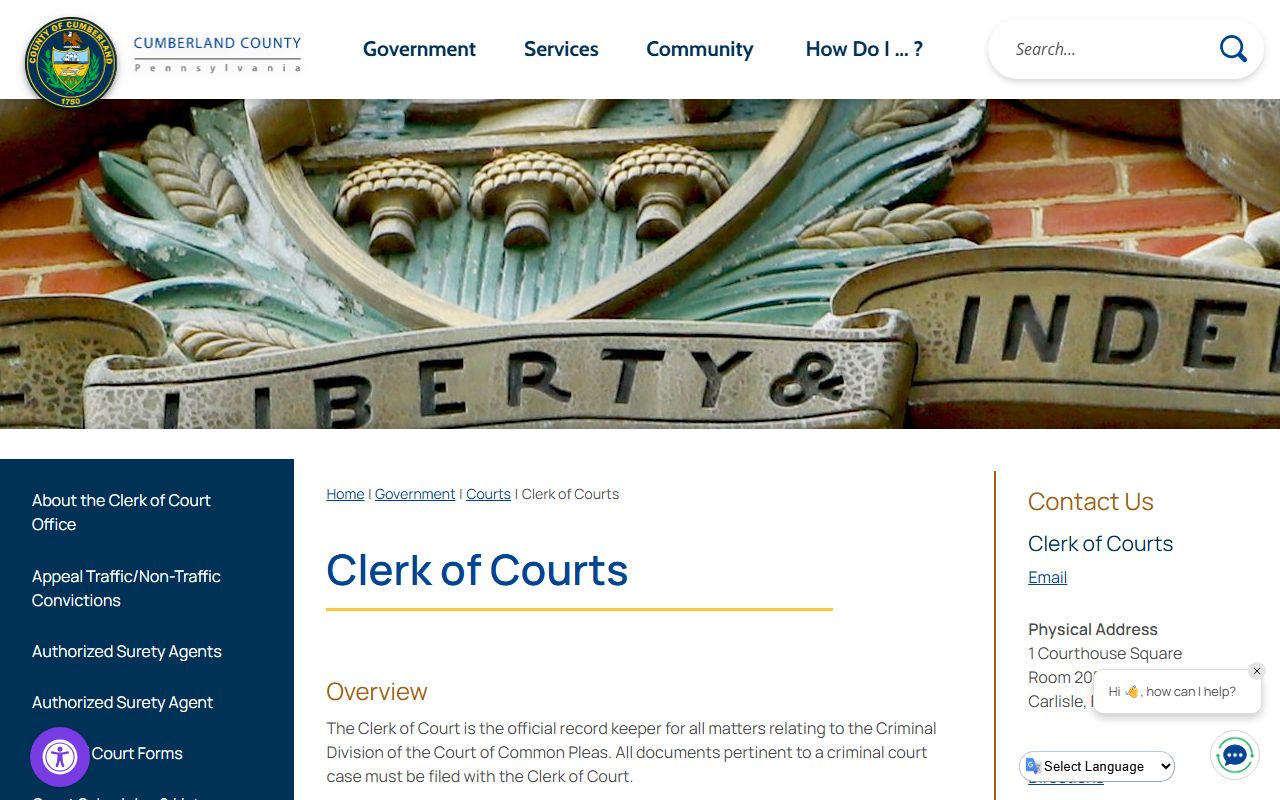 Cumberland County Clerk of Courts page for criminal records in Carlisle Pennsylvania