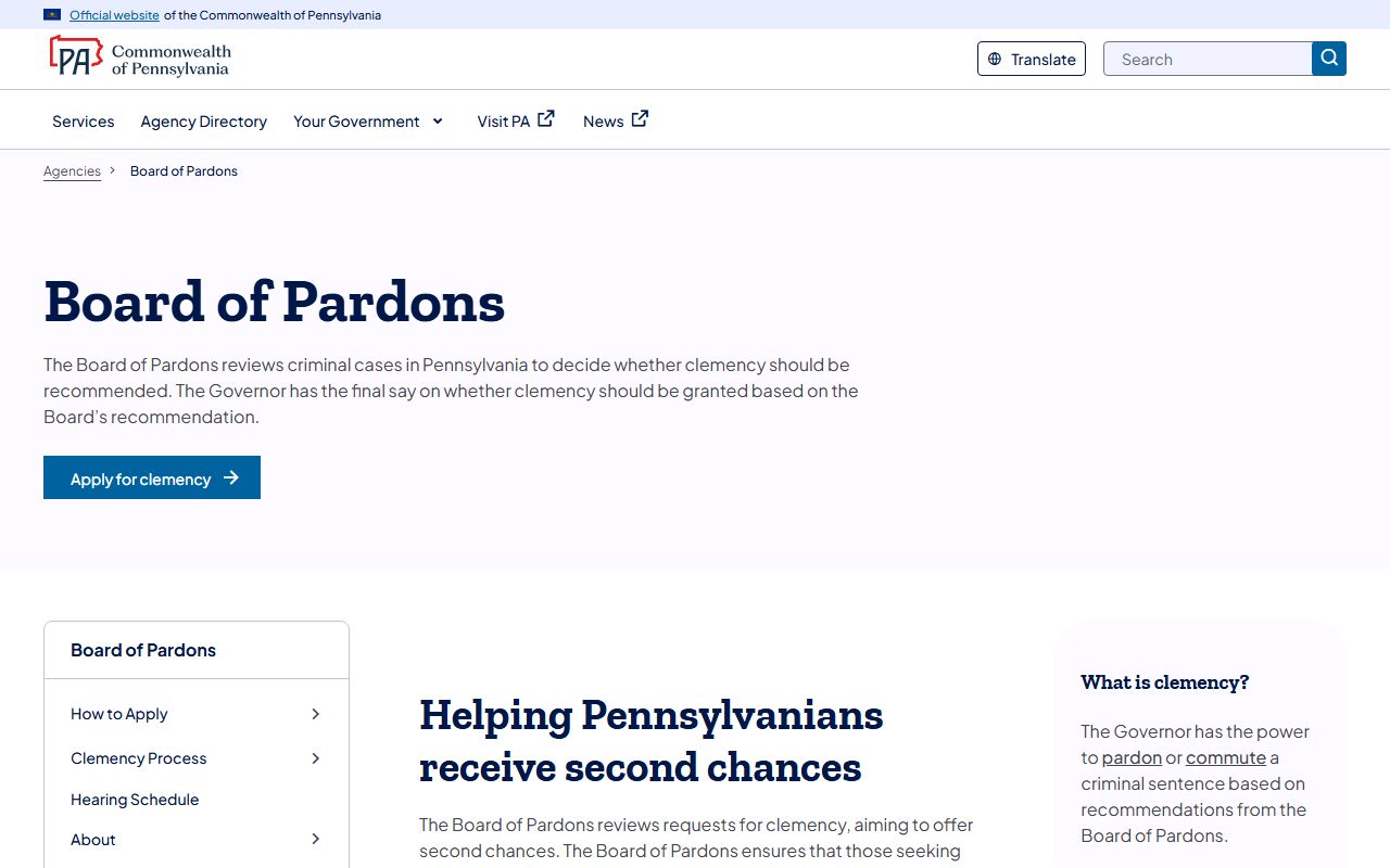 Pennsylvania Board of Pardons website for pardon applications