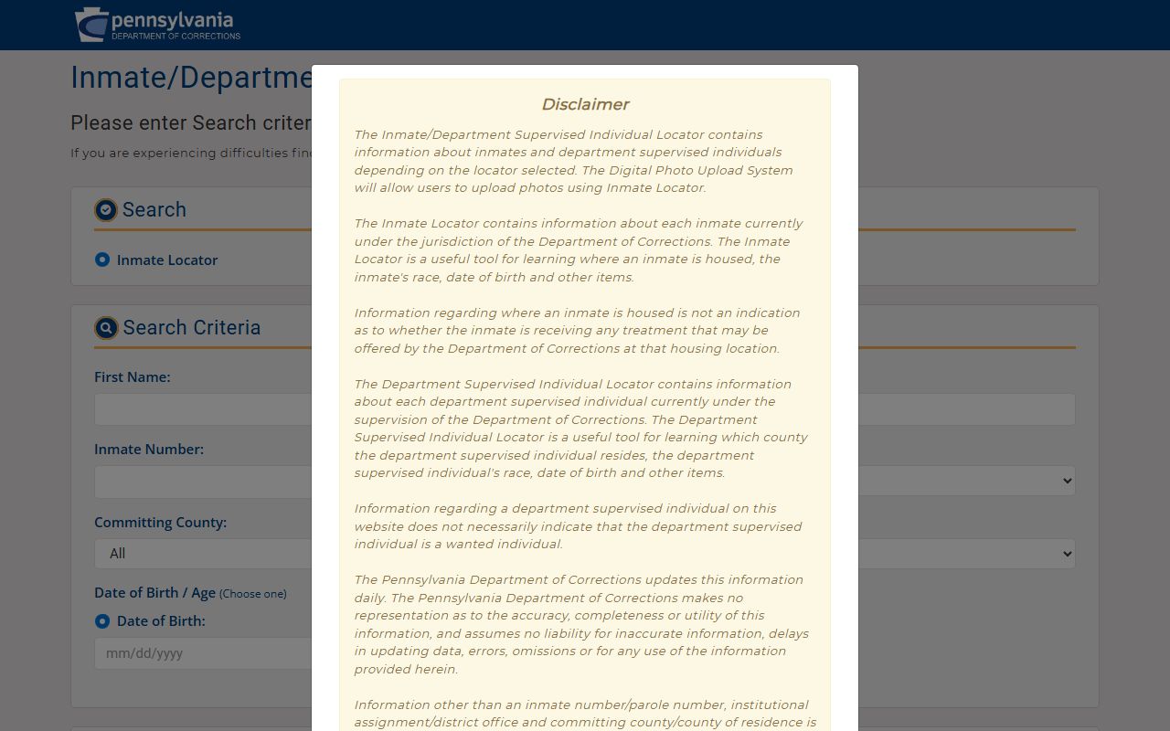Pennsylvania Department of Corrections inmate locator search tool