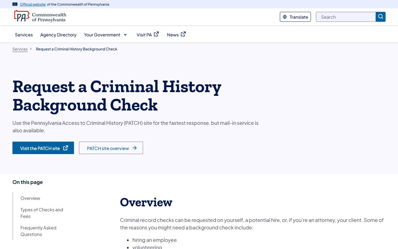 PA.gov criminal history services page for Pennsylvania background checks