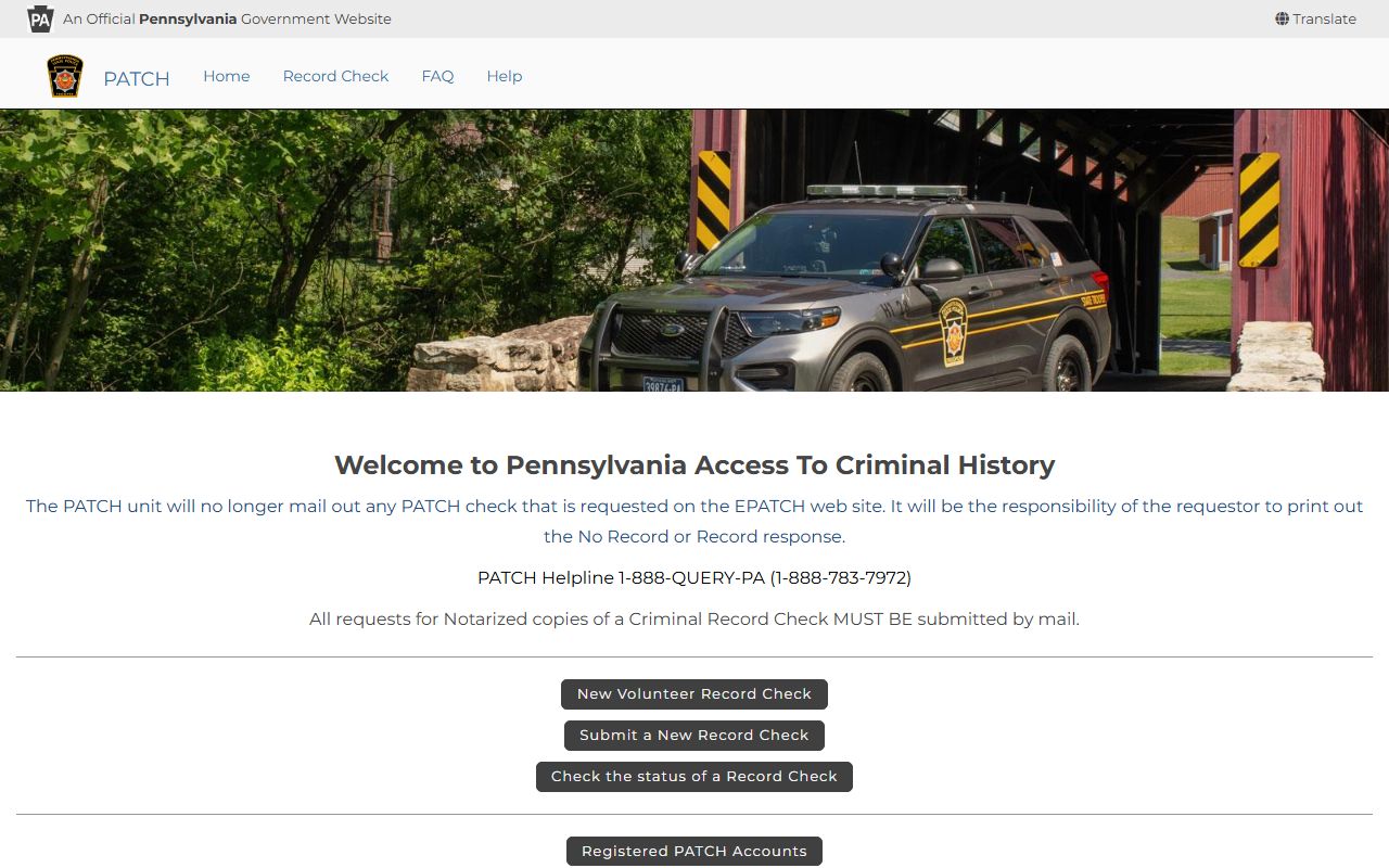 Pennsylvania PATCH homepage for criminal history background checks
